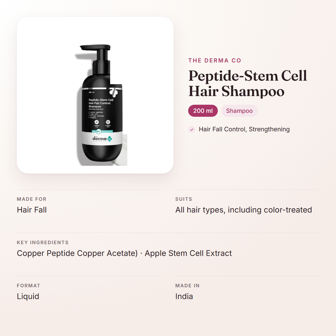 The Derma Co Peptide-Stem Cell Hair Shampoo (200 ml) – at a glance: what it is for, who it suits and key ingredients
