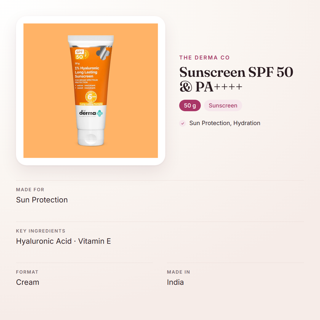 The Derma Co Sunscreen SPF 50 & PA++++ (50 g) – at a glance: what it is for, who it suits and key ingredients
