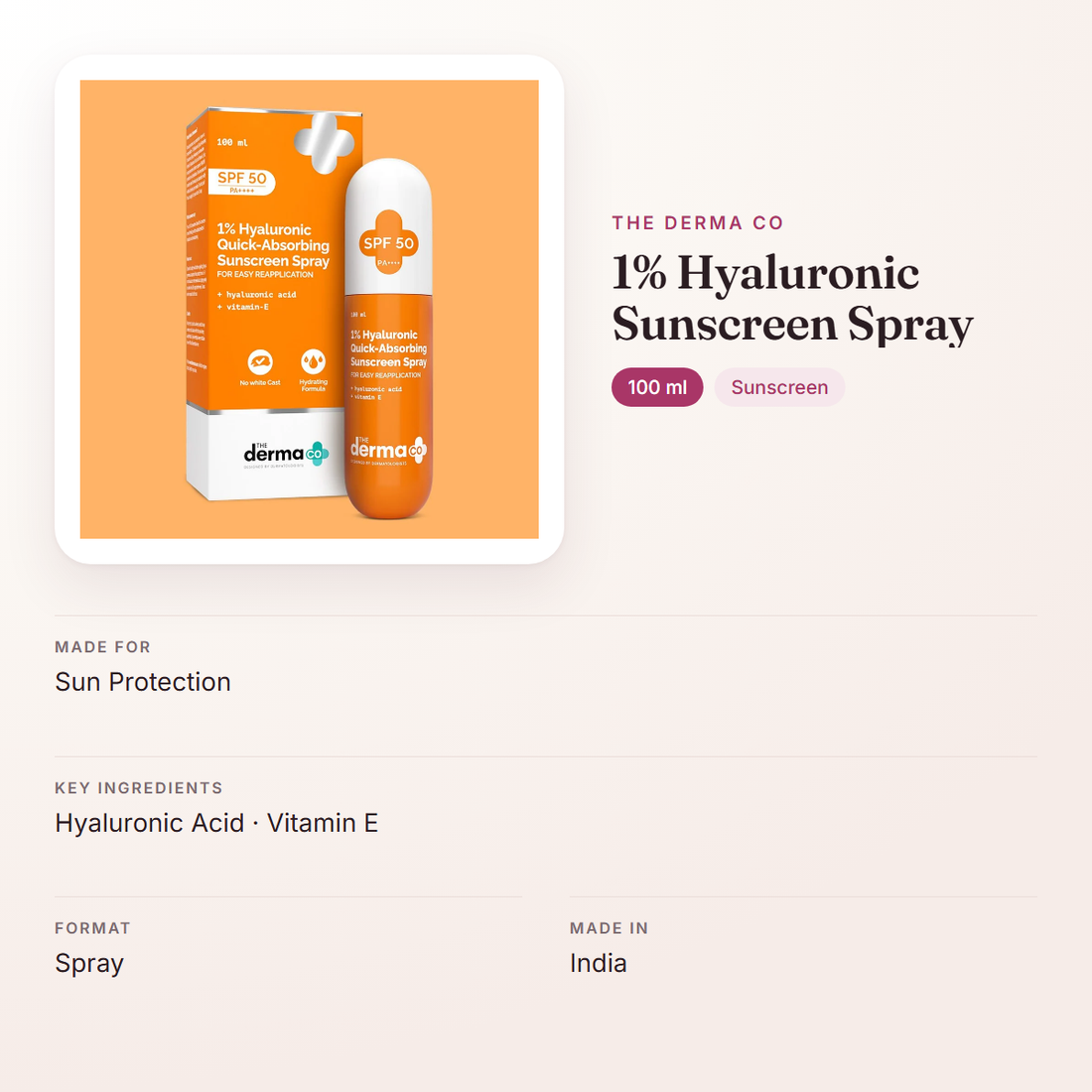 The Derma Co 1% Hyaluronic Sunscreen Spray (100 ml) – at a glance: what it is for, who it suits and key ingredients
