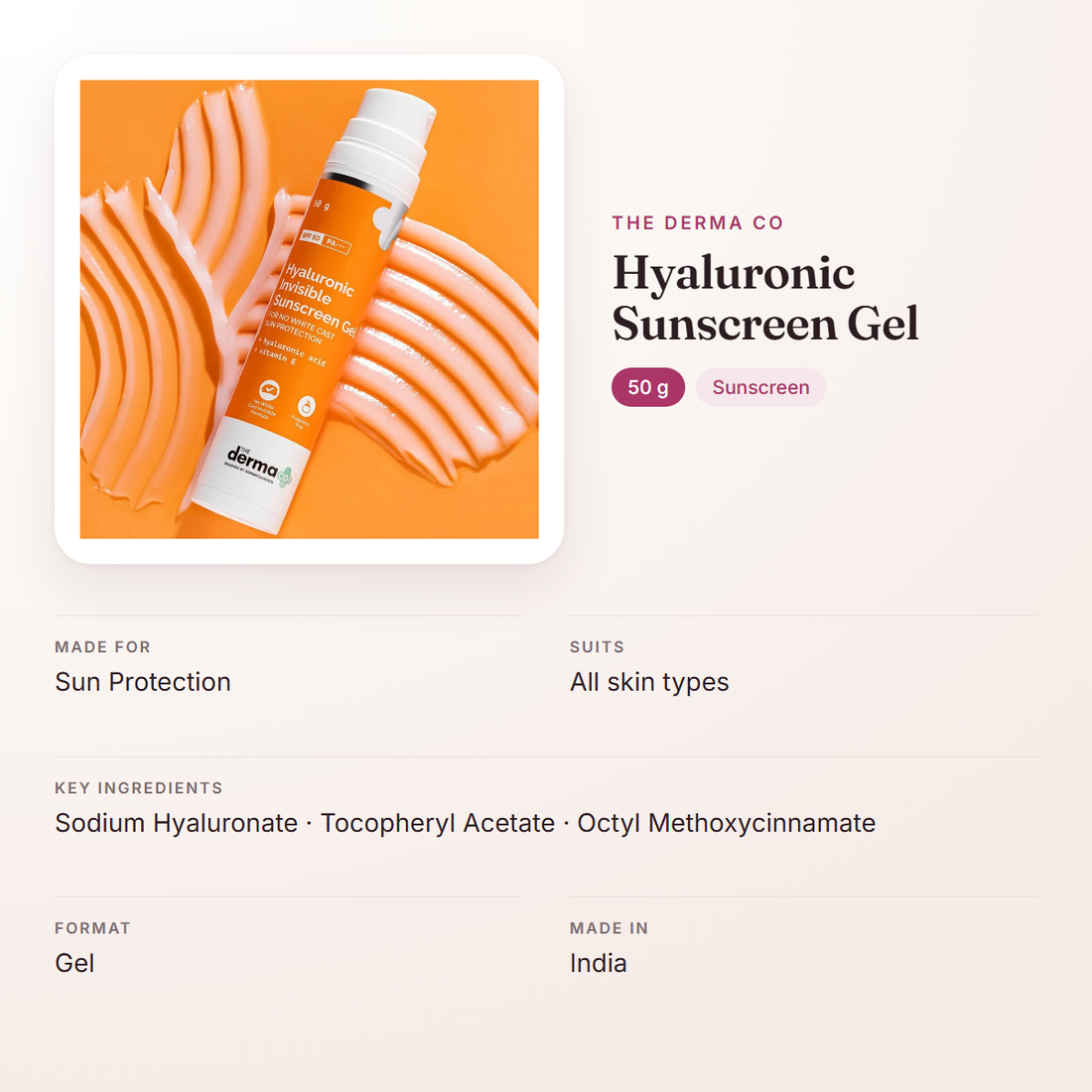 The Derma Co Hyaluronic Sunscreen Gel (50 g) – at a glance: what it is for, who it suits and key ingredients