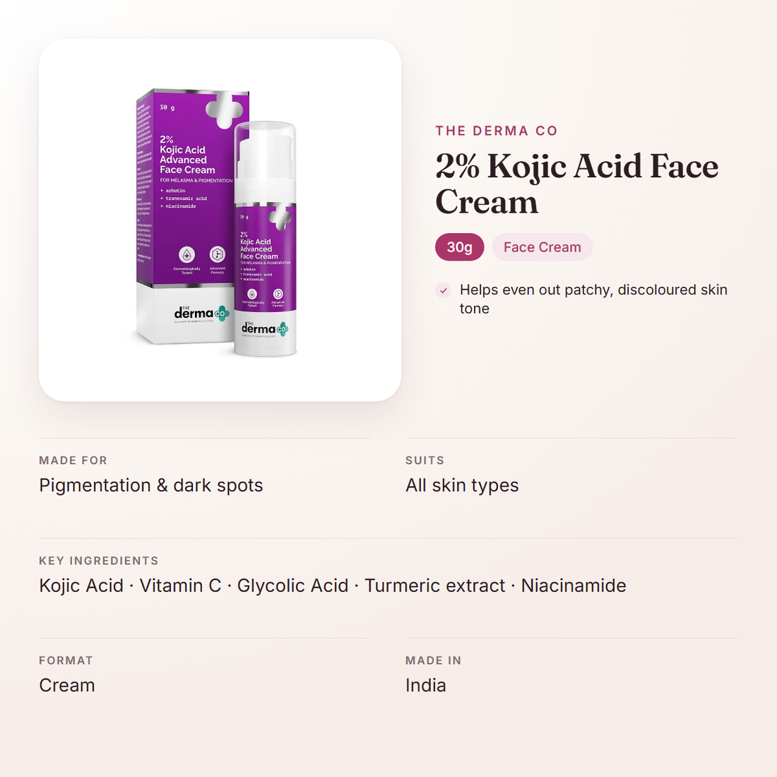 The Derma Co 2% Kojic Acid Face Cream (30g) – at a glance: what it is for, who it suits and key ingredients