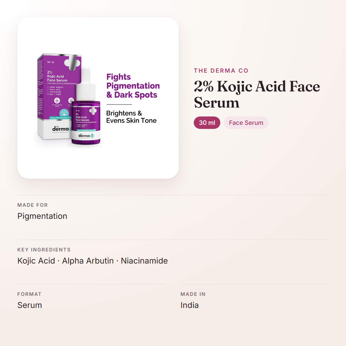 The Derma Co 2% Kojic Acid Face Serum (30 ml) – at a glance: what it is for, who it suits and key ingredients