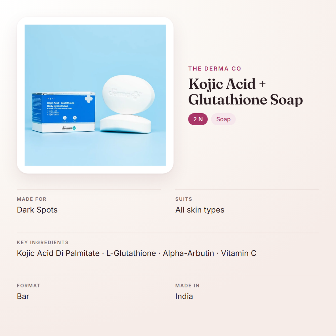 The Derma Co Kojic Acid + Glutathione Soap (2 N) – at a glance: what it is for, who it suits and key ingredients