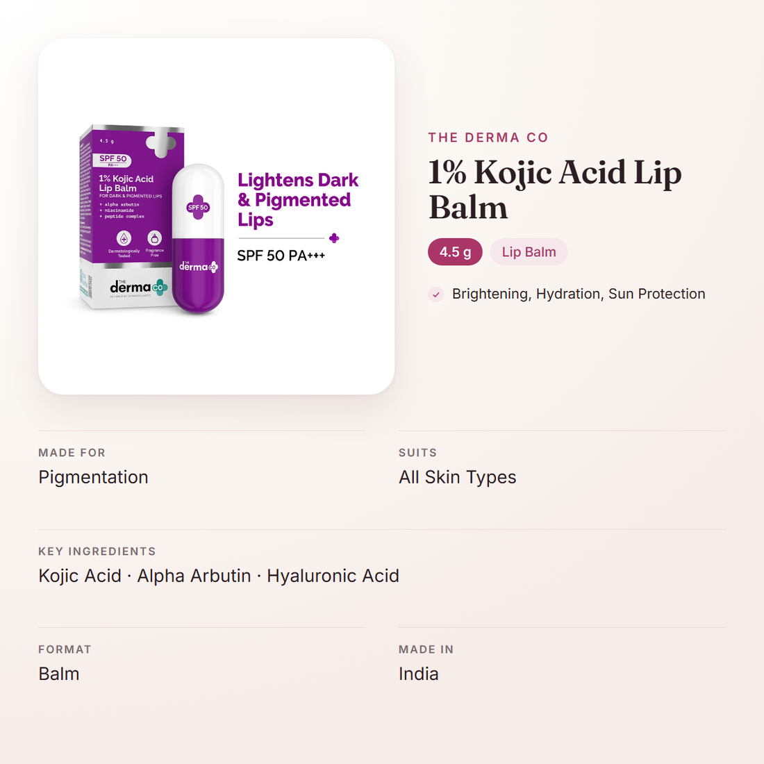 The Derma Co 1% Kojic Acid Lip Balm (4.5 g) – at a glance: what it is for, who it suits and key ingredients