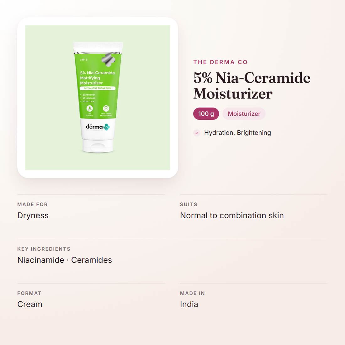 The Derma Co 5% Nia-Ceramide Moisturizer (100 g) – at a glance: what it is for, who it suits and key ingredients