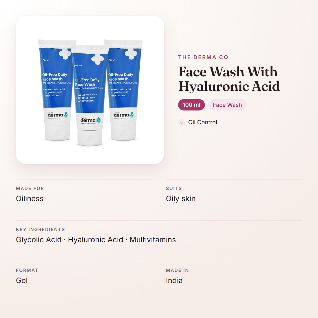 The Derma Co Face Wash With Hyaluronic Acid (100 ml) – at a glance: what it is for, who it suits and key ingredients