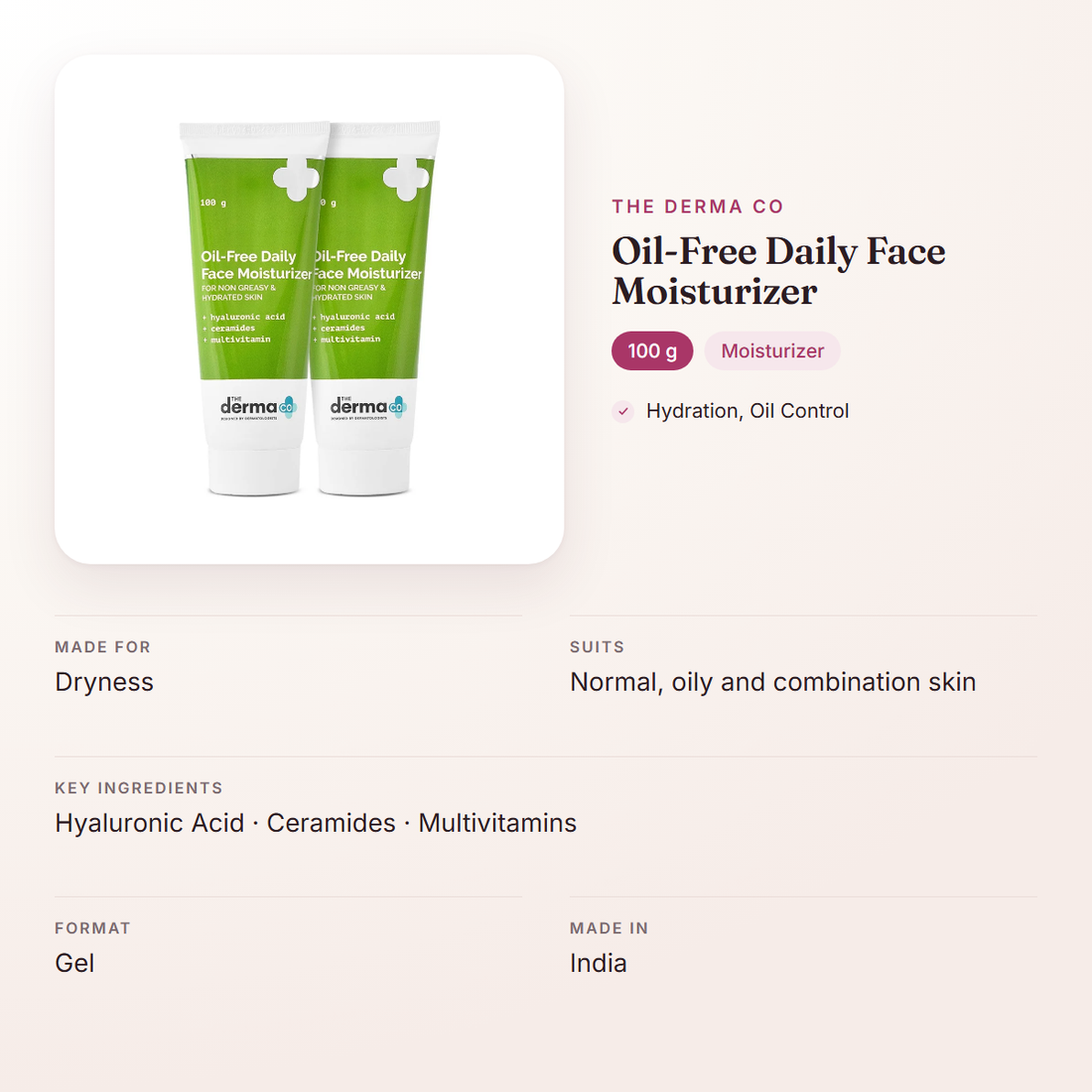 The Derma Co Oil-Free Daily Face Moisturizer (100 g) – at a glance: what it is for, who it suits and key ingredients