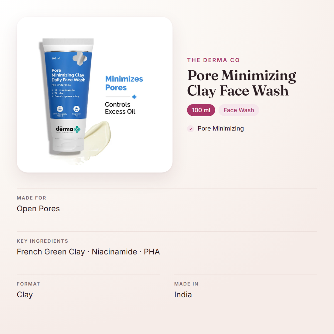 The Derma Co Pore Minimizing Clay Face Wash (100 ml) – at a glance: what it is for, who it suits and key ingredients