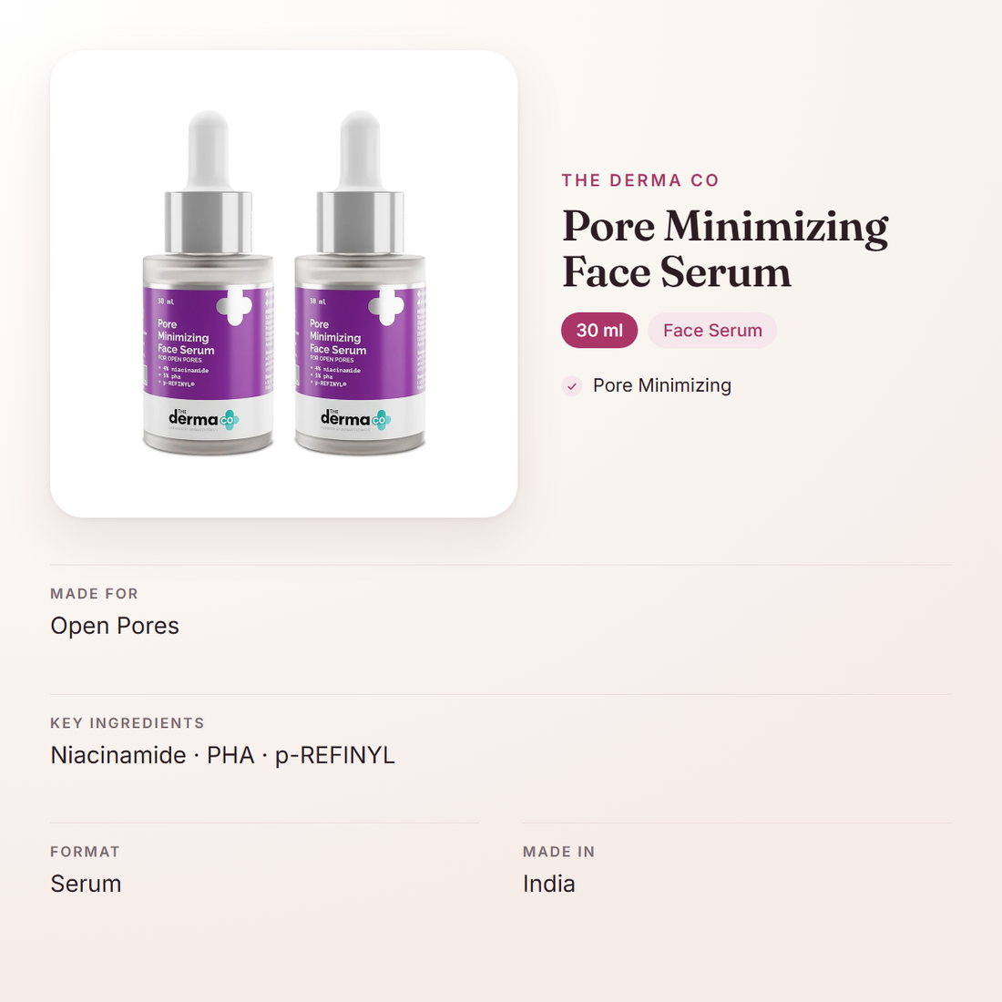 The Derma Co Pore Minimizing Face Serum (30 ml) – at a glance: what it is for, who it suits and key ingredients