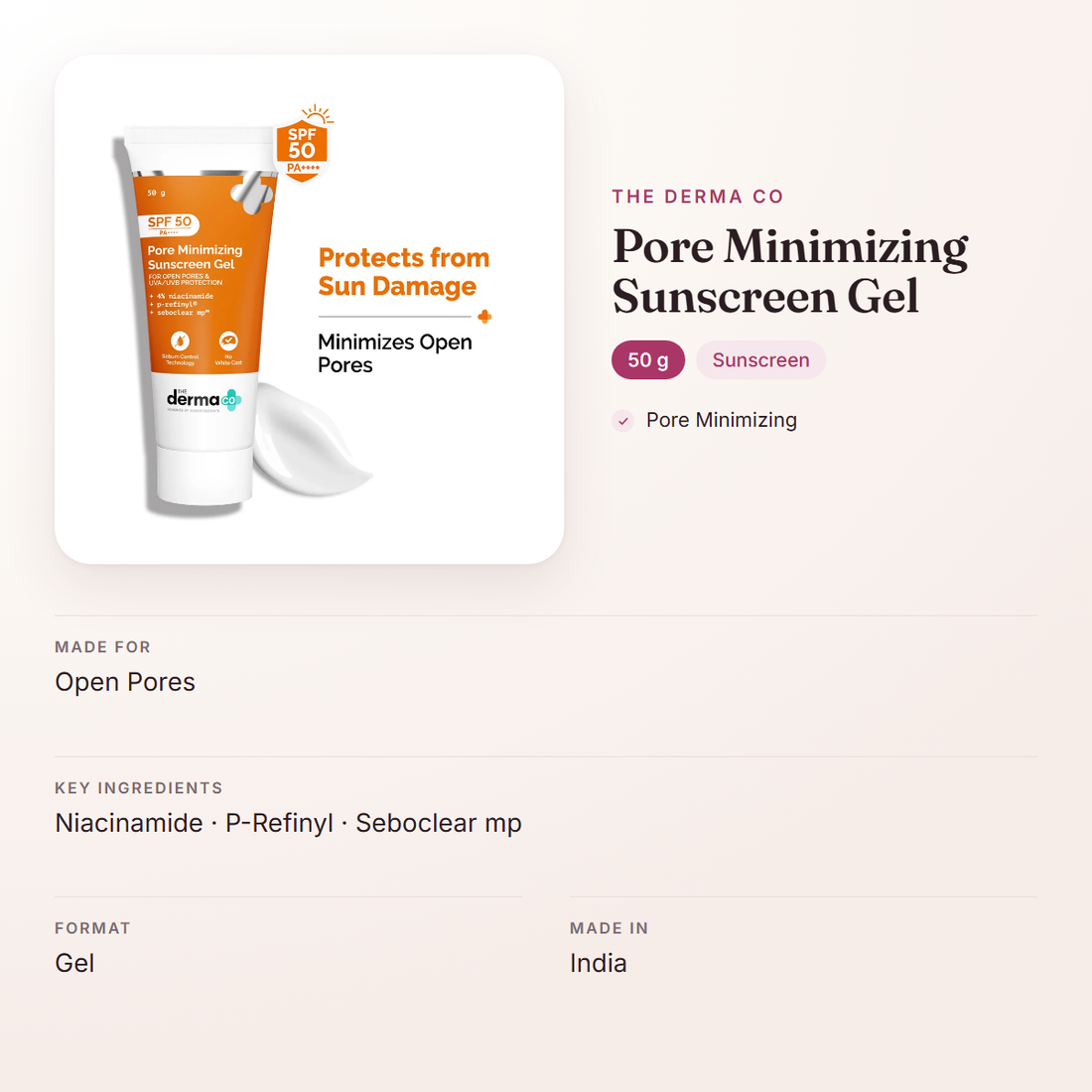 The Derma Co Pore Minimizing Sunscreen Gel (50 g) – at a glance: what it is for, who it suits and key ingredients