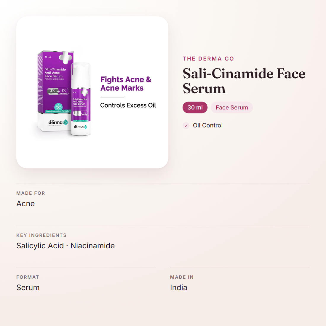 The Derma Co Sali-Cinamide Face Serum (30 ml) – at a glance: what it is for, who it suits and key ingredients