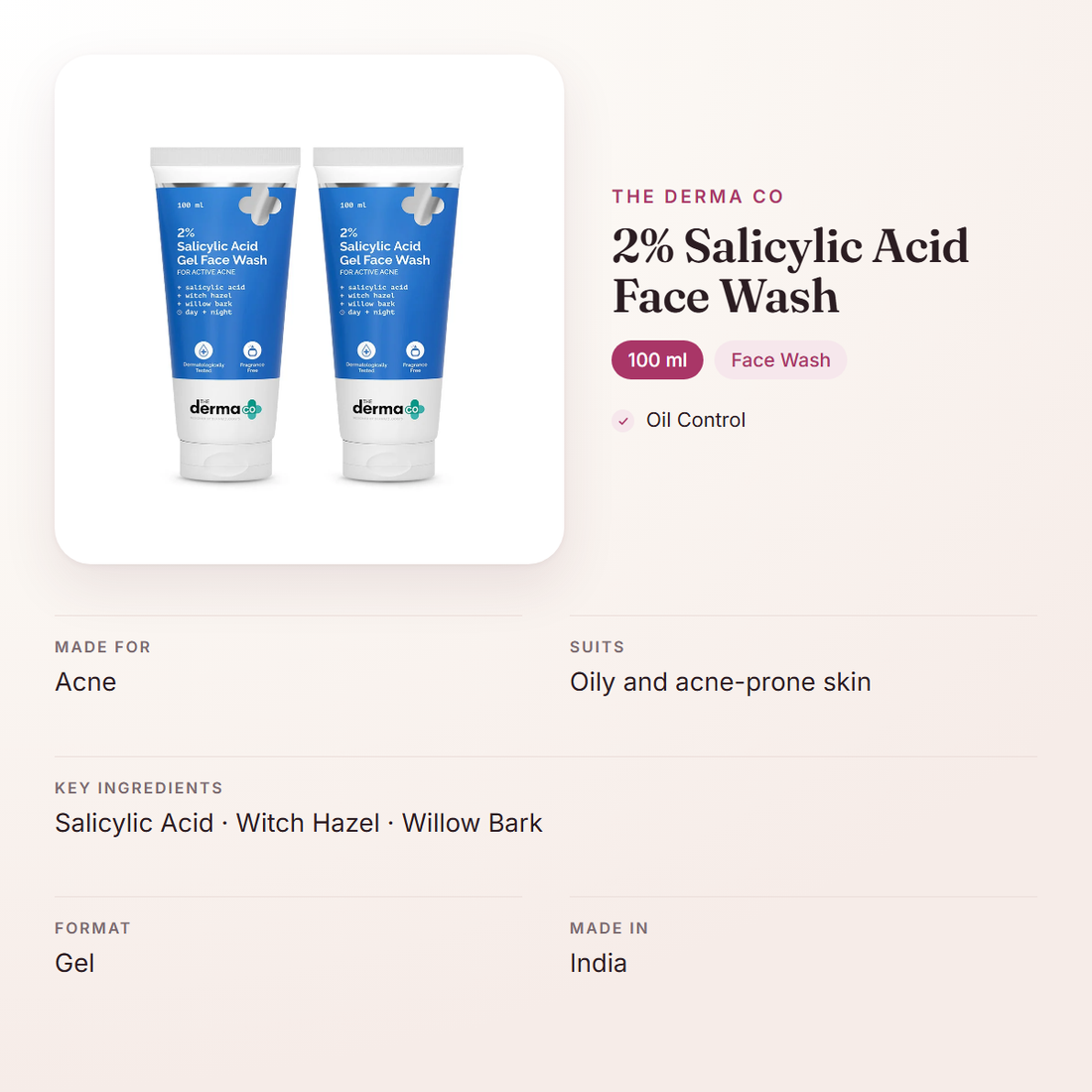 The Derma Co 2% Salicylic Acid Face Wash (100 ml) – at a glance: what it is for, who it suits and key ingredients