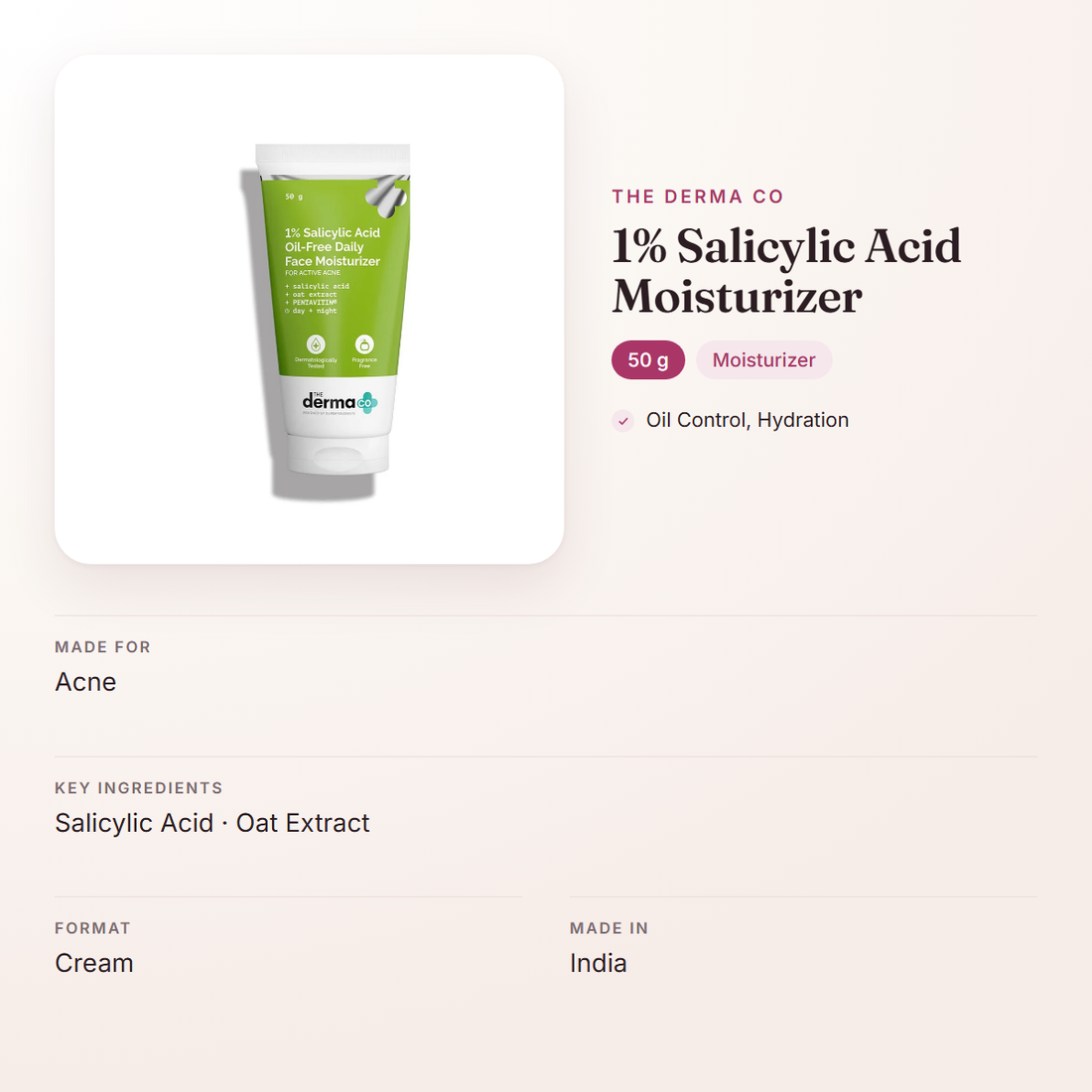 The Derma Co 1% Salicylic Acid Moisturizer (50 g) – at a glance: what it is for, who it suits and key ingredients