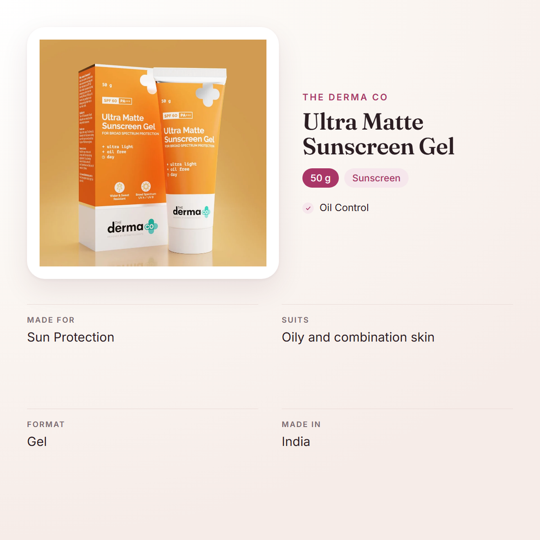 The Derma Co Ultra Matte Sunscreen Gel (50 g) – at a glance: what it is for, who it suits and key ingredients