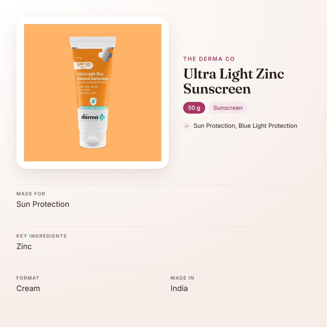 The Derma Co Ultra Light Zinc Sunscreen (50 g) – at a glance: what it is for, who it suits and key ingredients