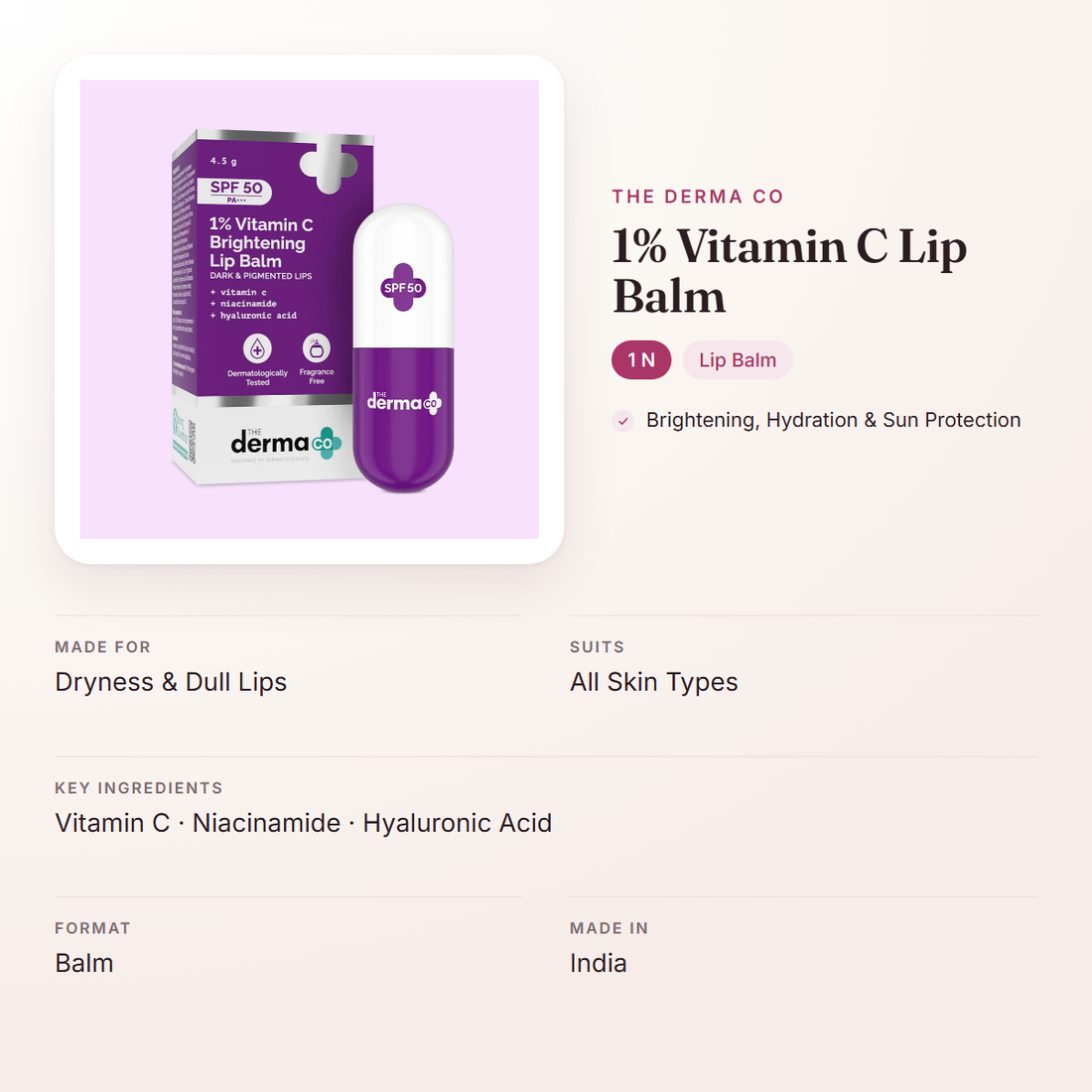 The Derma Co 1% Vitamin C Lip Balm (1 N) – at a glance: what it is for, who it suits and key ingredients