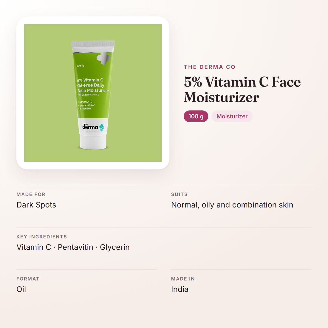 The Derma Co 5% Vitamin C Face Moisturizer (100 g) – at a glance: what it is for, who it suits and key ingredients