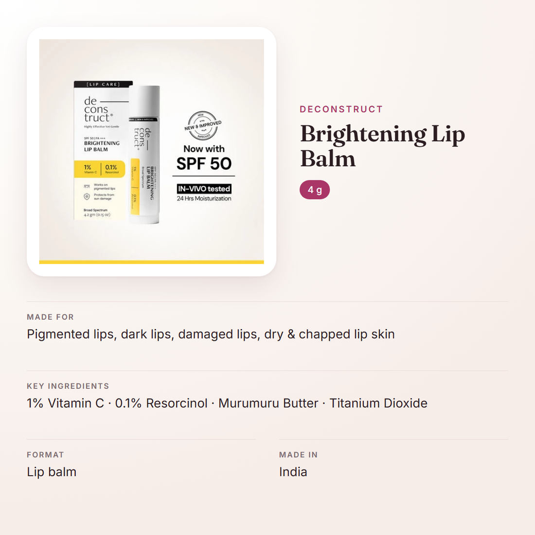 Deconstruct Brightening Lip Balm (4 g) – at a glance: what it is for, who it suits and key ingredients