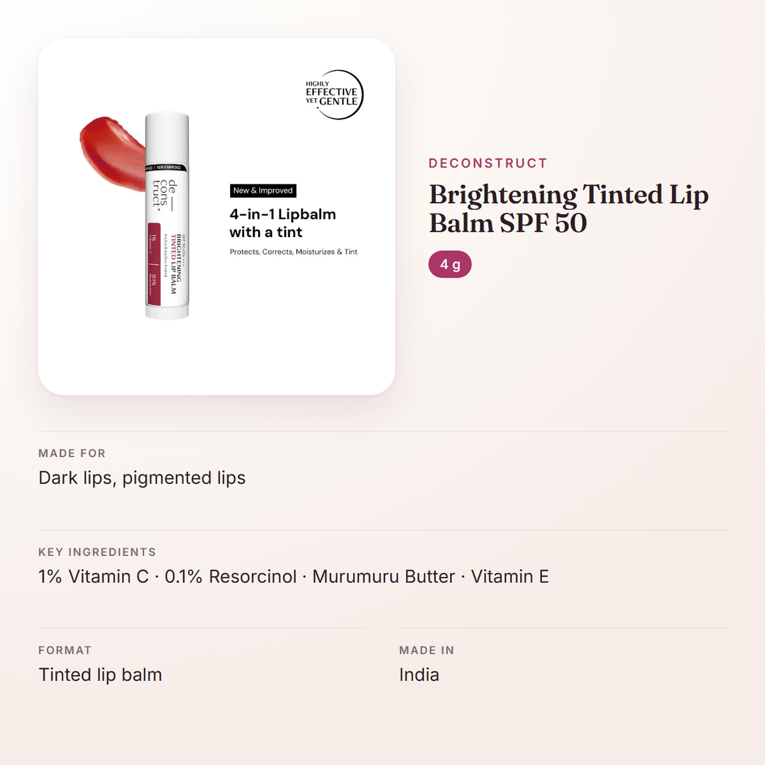 Deconstruct Brightening Tinted Lip Balm SPF 50 (4 g) – at a glance: what it is for, who it suits and key ingredients