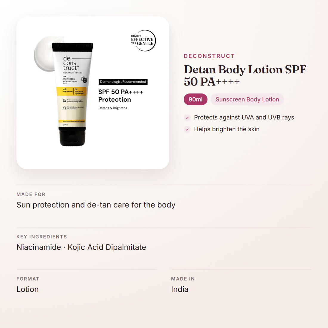 Deconstruct Detan Body Lotion SPF 50 PA++++ (90ml) – at a glance: what it is for, who it suits and key ingredients