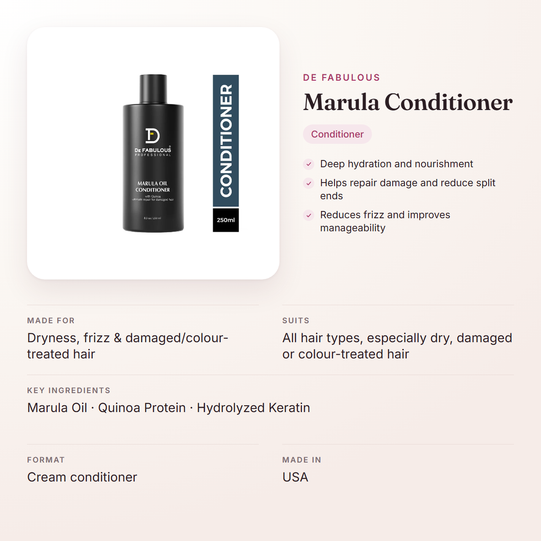 De Fabulous Marula Conditioner – at a glance: what it is for, who it suits and key ingredients