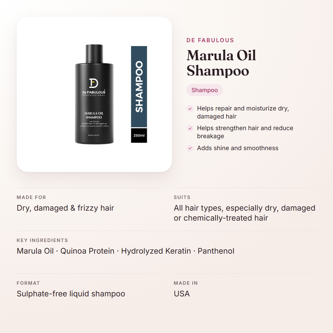 De Fabulous Marula Oil Shampoo – at a glance: what it is for, who it suits and key ingredients