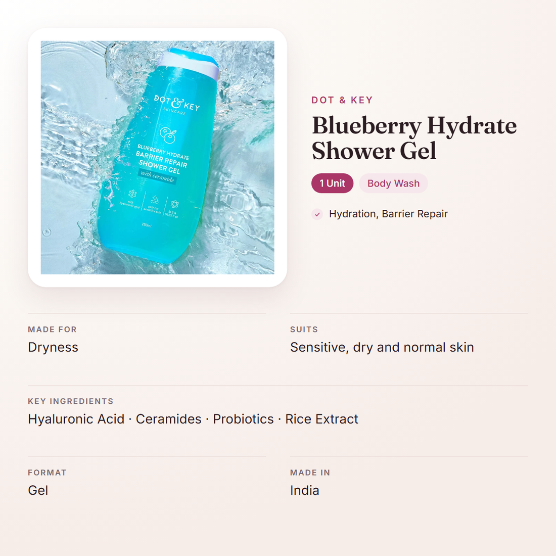 Dot & Key Blueberry Hydrate Shower Gel (1 Unit) – at a glance: what it is for, who it suits and key ingredients