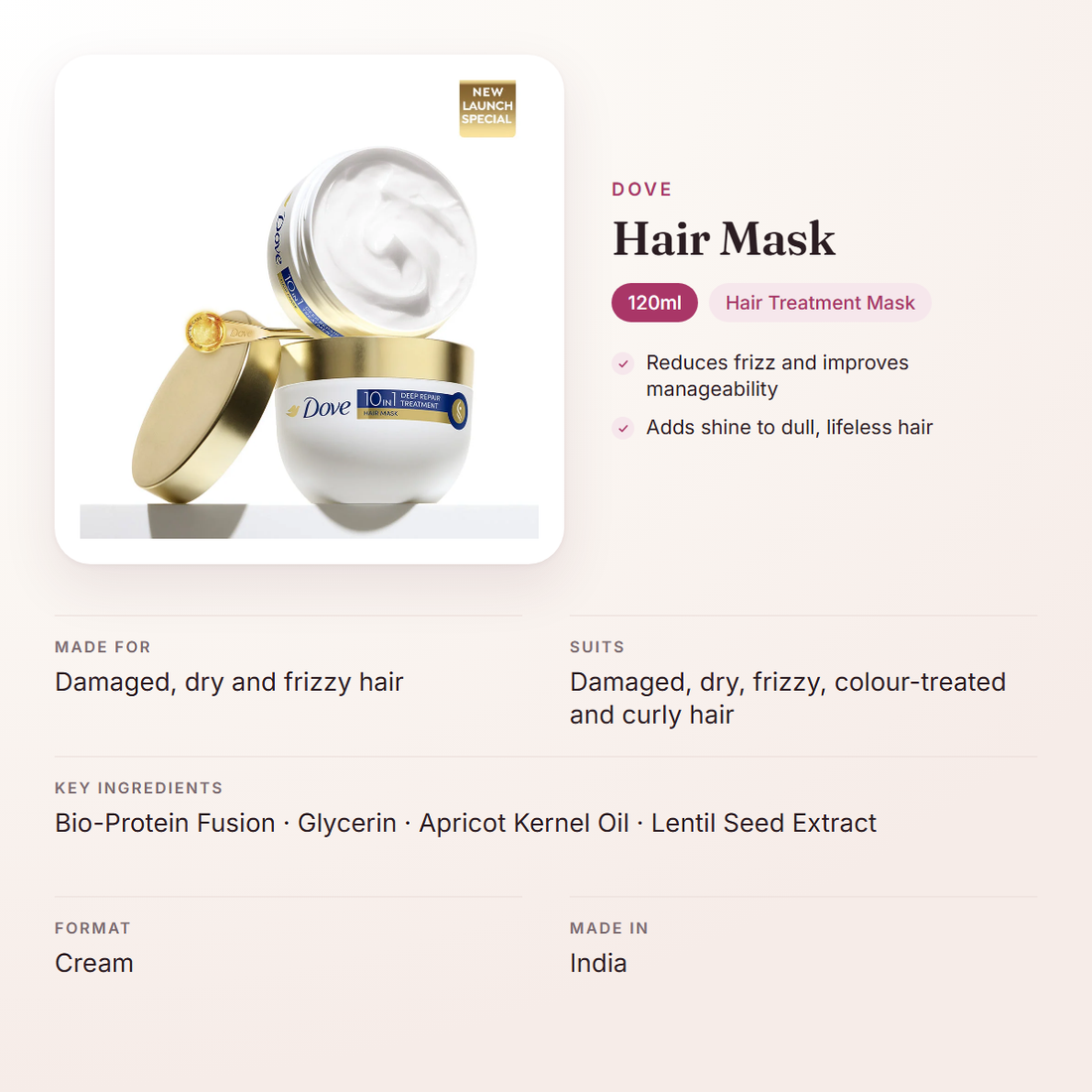 Dove Hair Mask (120ml) – at a glance: what it is for, who it suits and key ingredients
