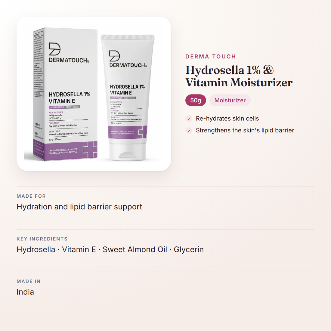 Derma Touch Hydrosella 1% & Vitamin Moisturizer (50g) – at a glance: what it is for, who it suits and key ingredients