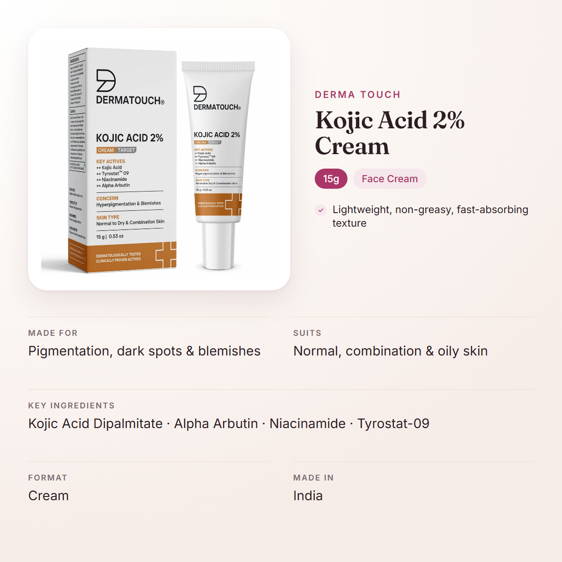 Derma Touch Kojic Acid 2% Cream (15g) – at a glance: what it is for, who it suits and key ingredients