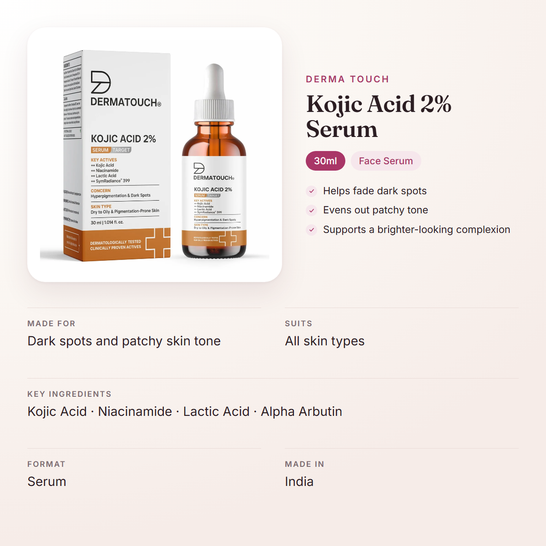 Derma Touch Kojic Acid 2% Serum (30ml) – at a glance: what it is for, who it suits and key ingredients