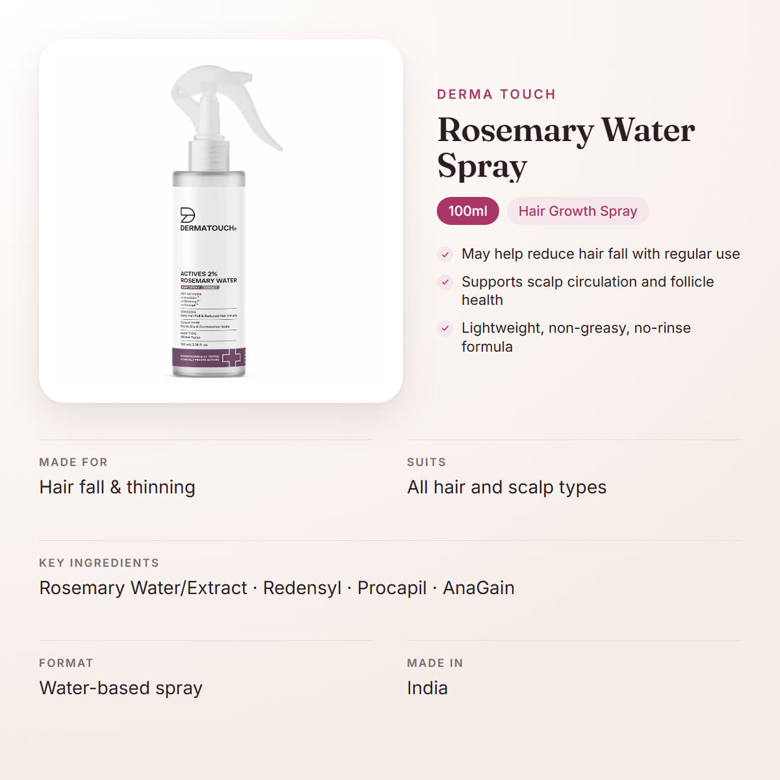 Derma Touch Rosemary Water Spray (100ml) – at a glance: what it is for, who it suits and key ingredients