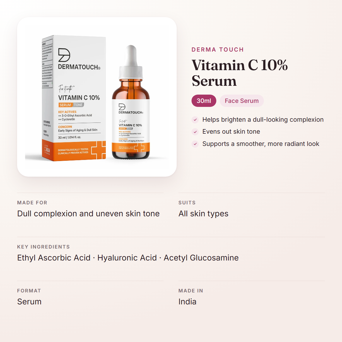Derma Touch Vitamin C 10% Serum (30ml) – at a glance: what it is for, who it suits and key ingredients