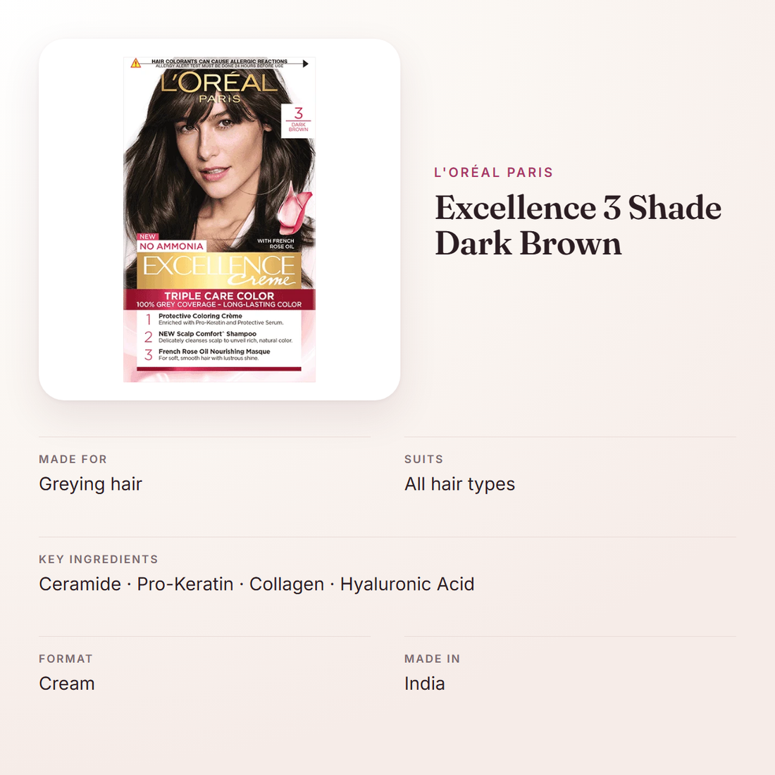 L'Oréal Paris Excellence 3 Shade Dark Brown – at a glance: what it is for, who it suits and key ingredients