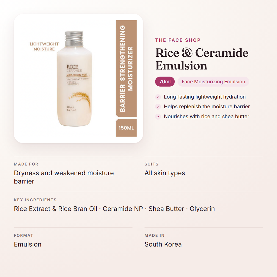 The Face Shop Rice & Ceramide Emulsion (70ml) – at a glance: what it is for, who it suits and key ingredients