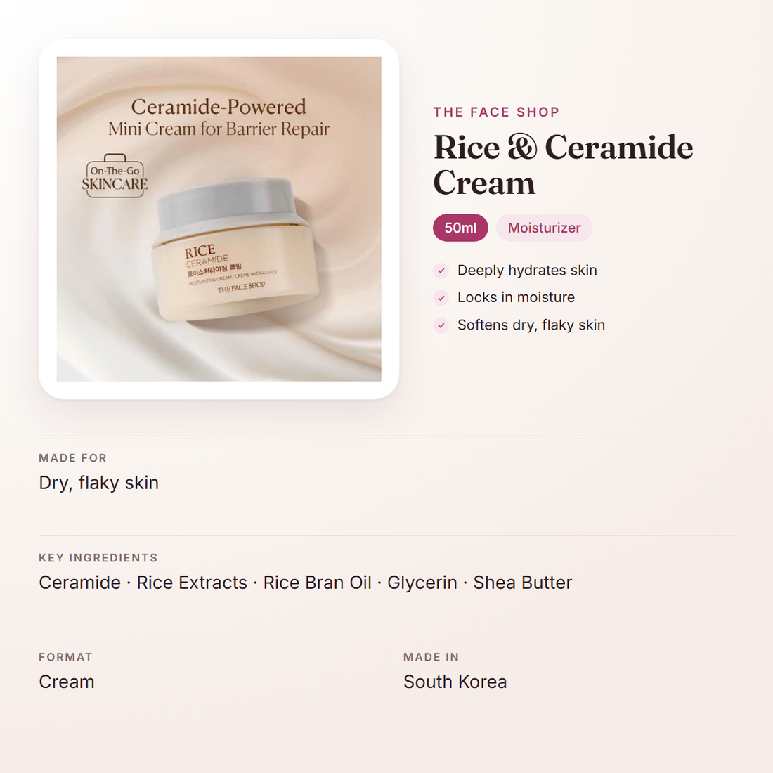 The Face Shop Rice & Ceramide Cream (50ml) – at a glance: what it is for, who it suits and key ingredients