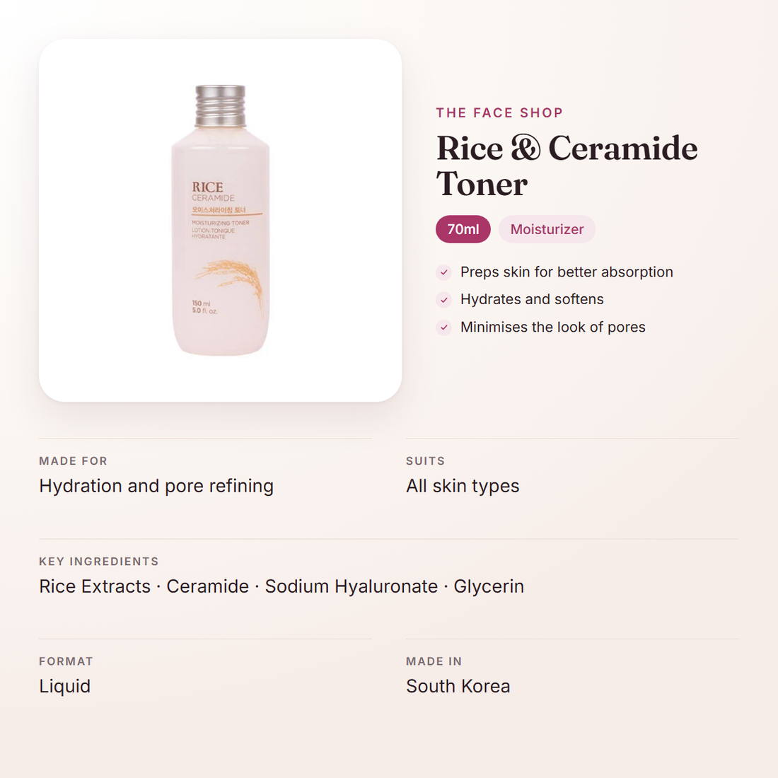 The Face Shop Rice & Ceramide Toner (70ml) – at a glance: what it is for, who it suits and key ingredients