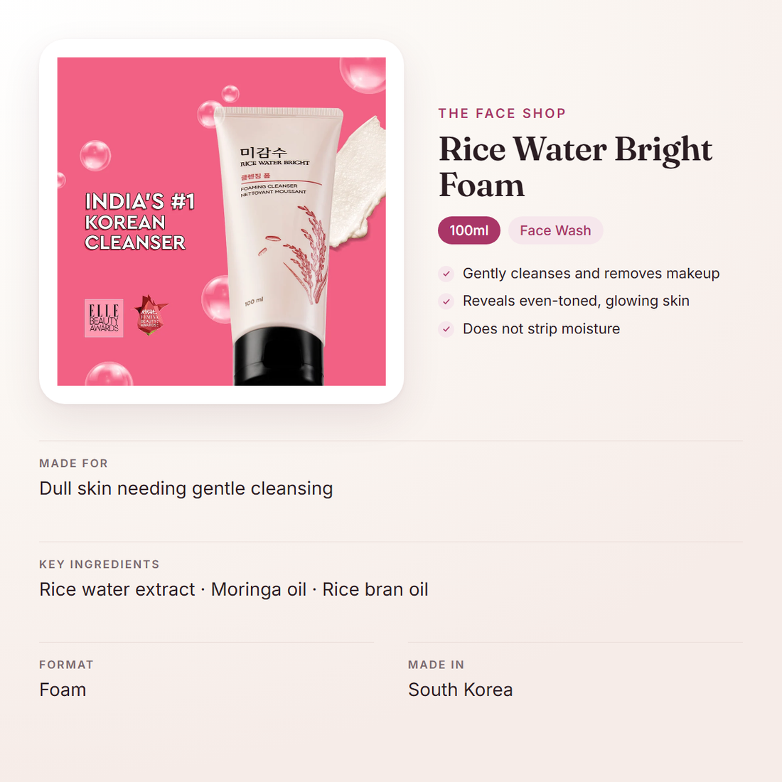 The Face Shop Rice Water Bright Foam (100ml) – at a glance: what it is for, who it suits and key ingredients