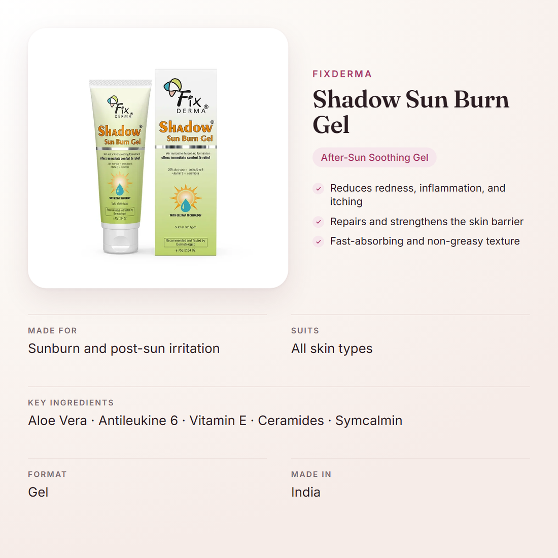 Fixderma Shadow Sun Burn Gel – at a glance: what it is for, who it suits and key ingredients