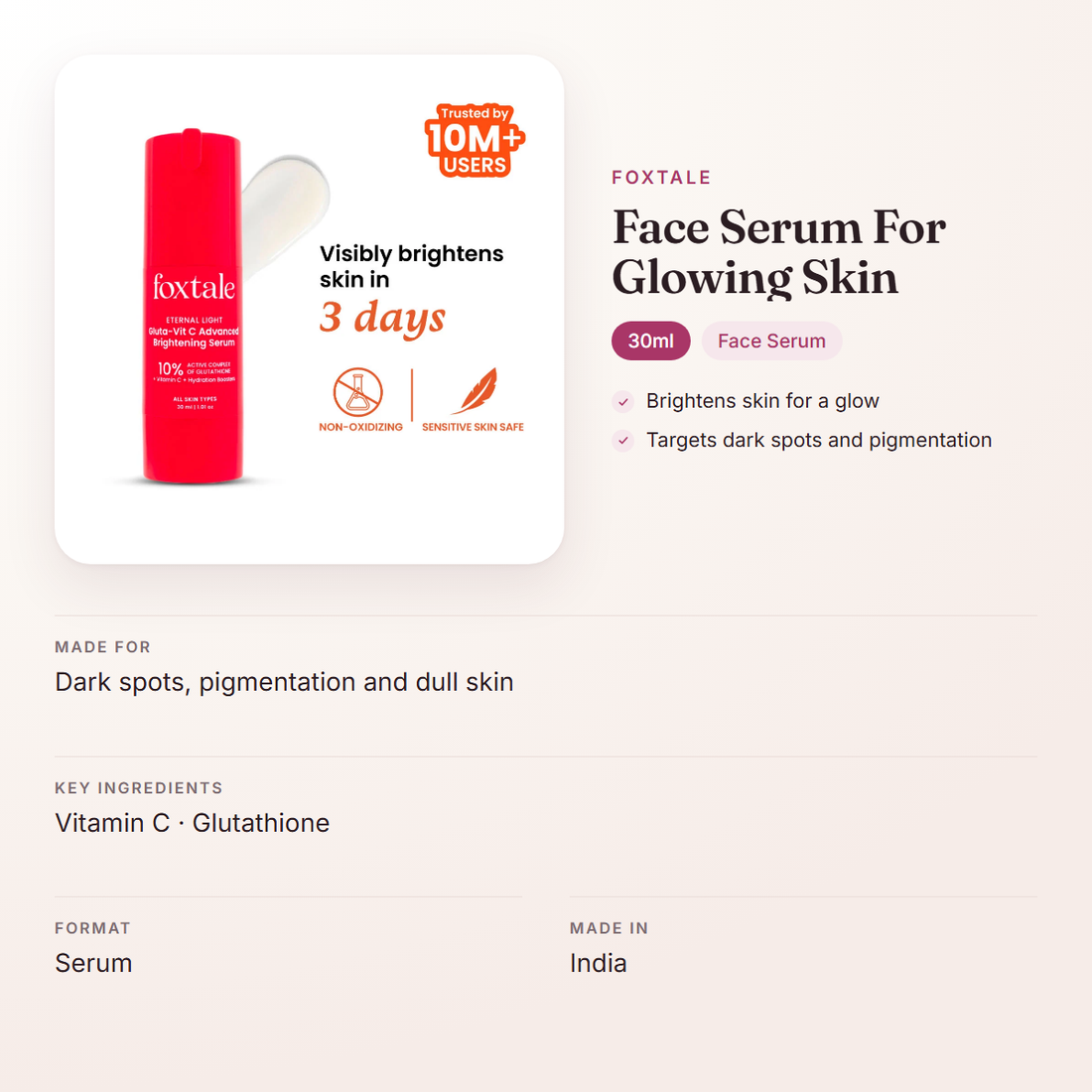 Foxtale Face Serum For Glowing Skin (30ml) – at a glance: what it is for, who it suits and key ingredients