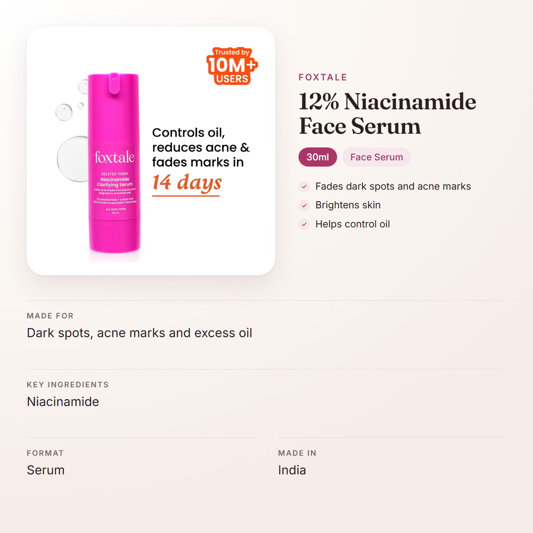 Foxtale 12% Niacinamide Face Serum (30ml) – at a glance: what it is for, who it suits and key ingredients