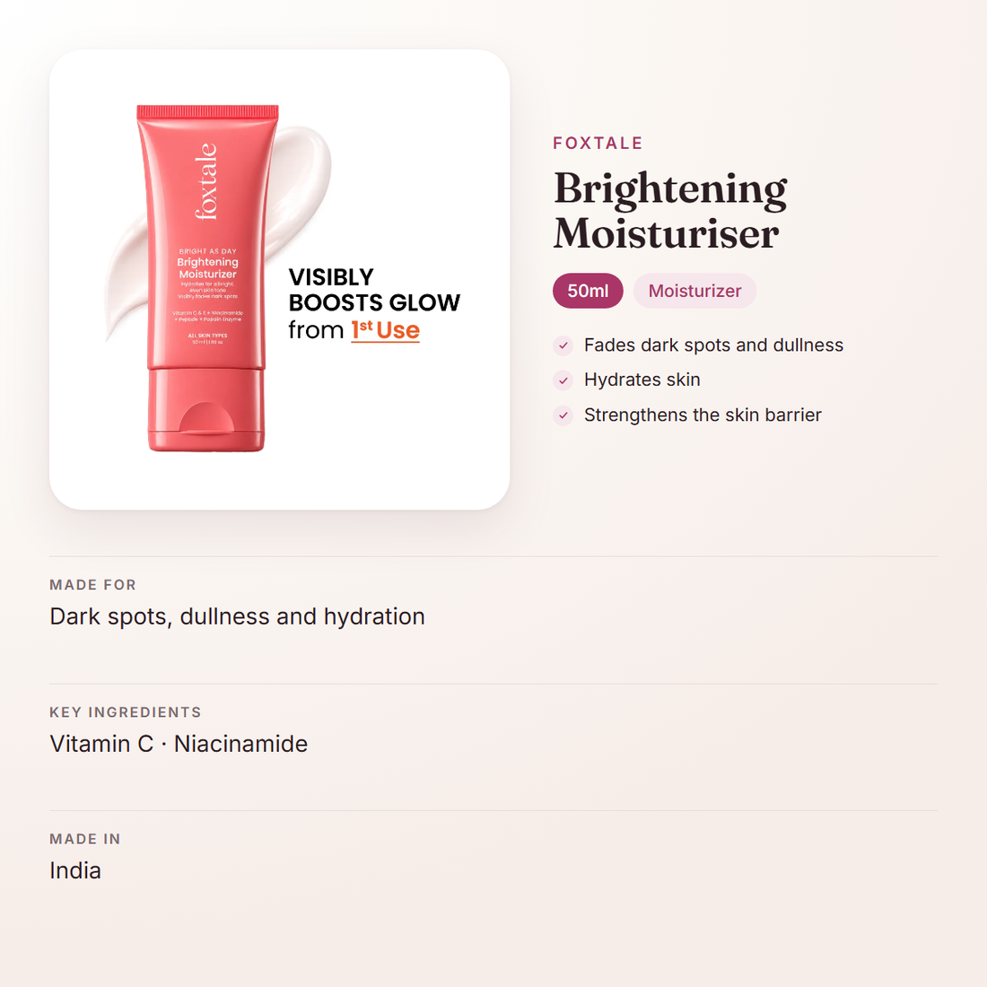 Foxtale Brightening Moisturiser (50ml) – at a glance: what it is for, who it suits and key ingredients