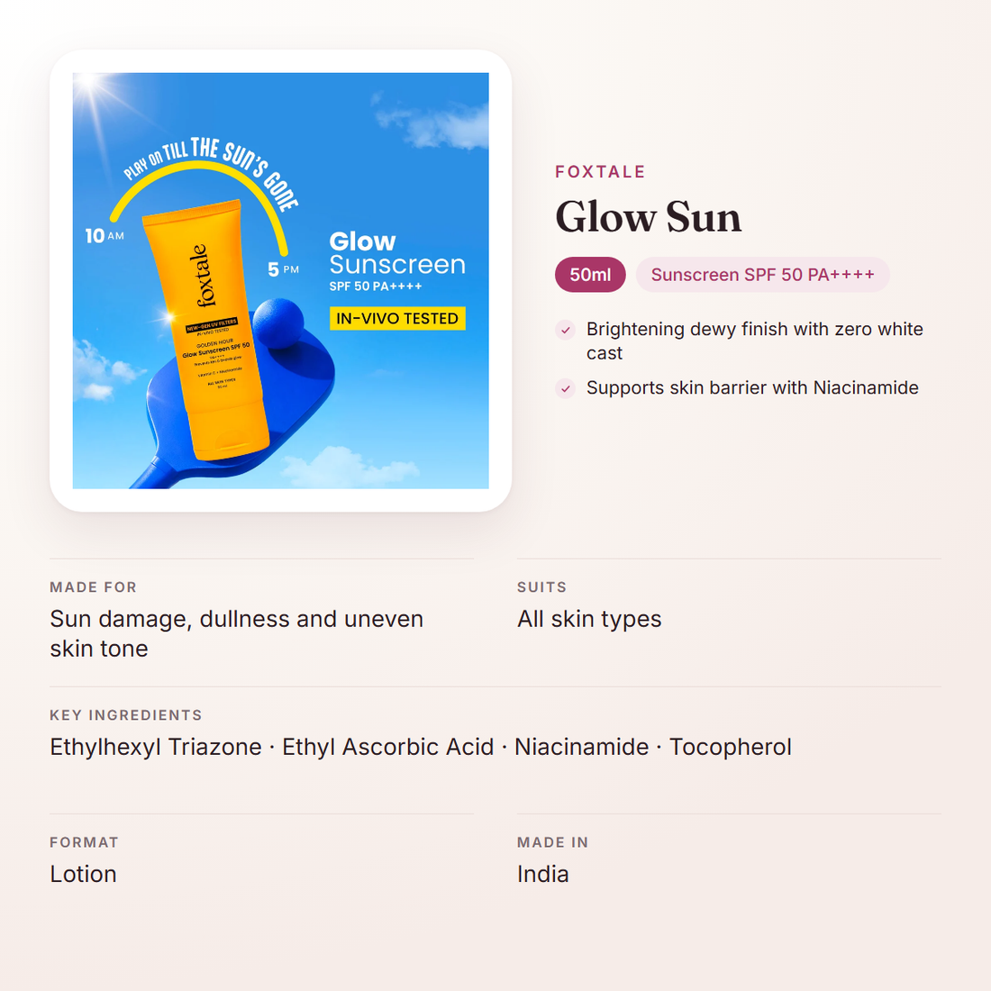 Foxtale Glow Sun (50ml) – at a glance: what it is for, who it suits and key ingredients