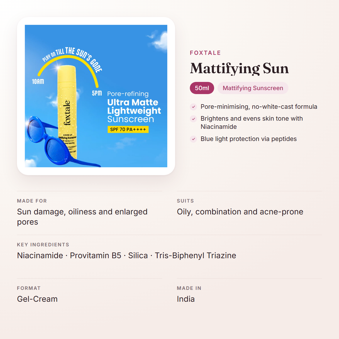 Foxtale Mattifying Sun (50ml) – at a glance: what it is for, who it suits and key ingredients