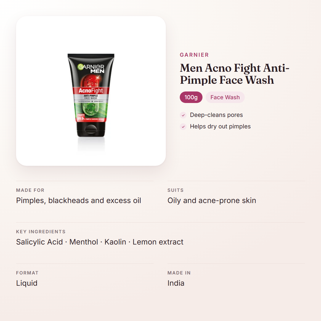 Garnier Men Acno Fight Anti-Pimple Face Wash (100g) – at a glance: what it is for, who it suits and key ingredients