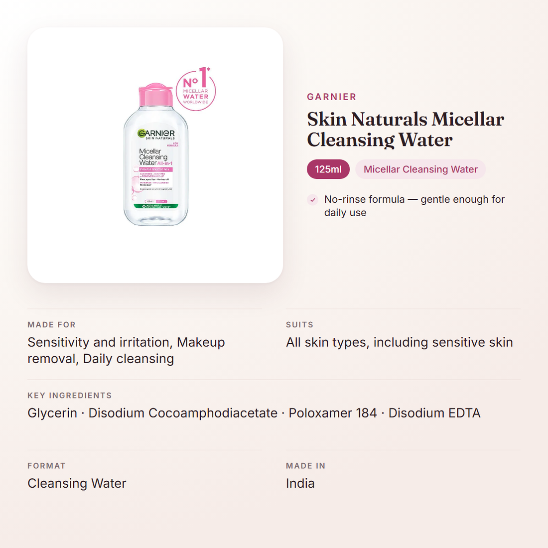 Garnier Skin Naturals Micellar Cleansing Water (125ml) – at a glance: what it is for, who it suits and key ingredients