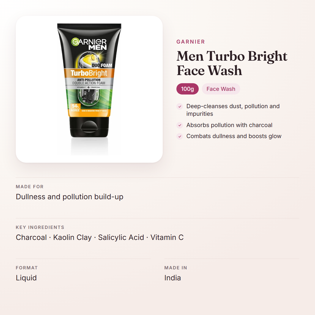 Garnier Men Turbo Bright Face Wash (100g) – at a glance: what it is for, who it suits and key ingredients