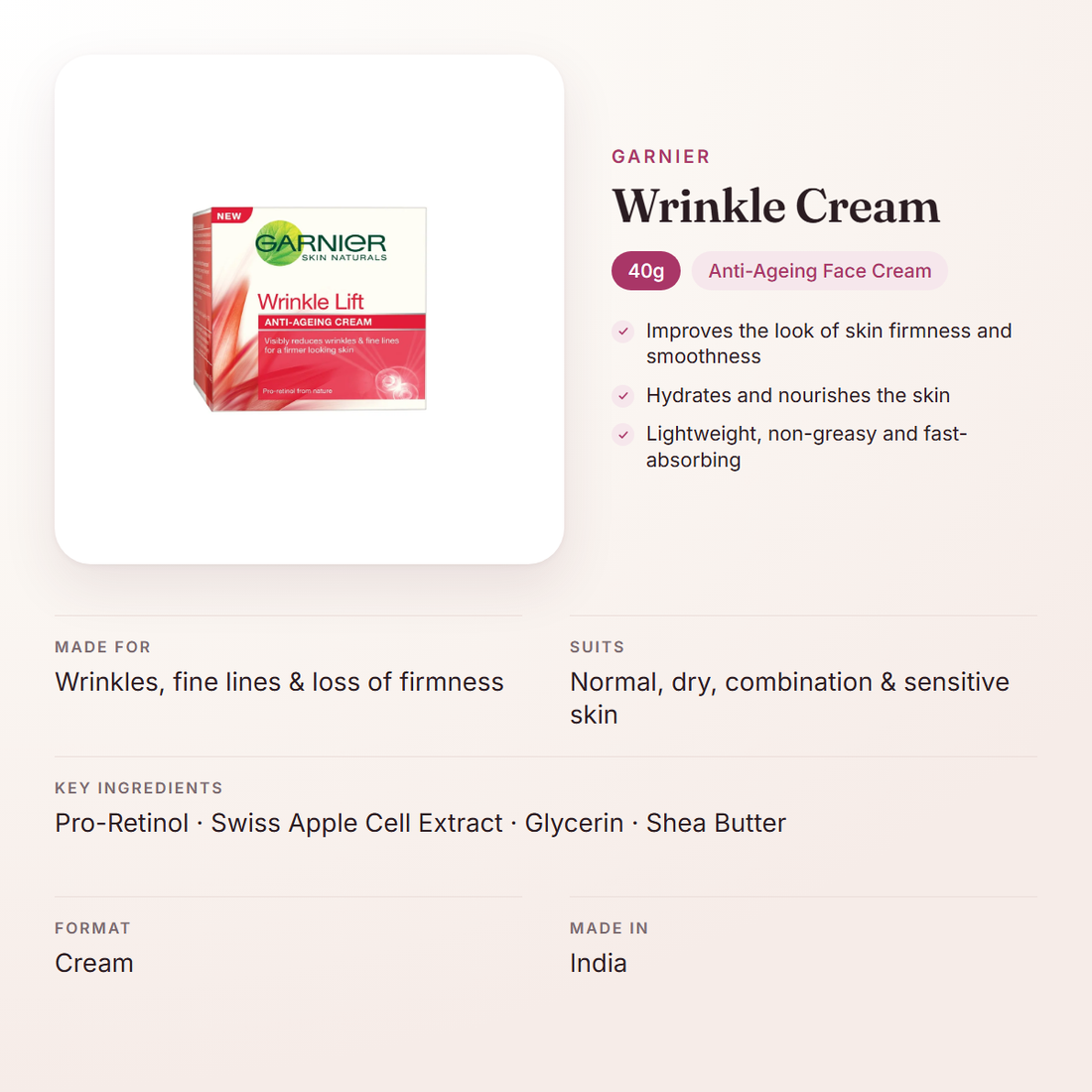 Garnier Wrinkle Cream (40g) – at a glance: what it is for, who it suits and key ingredients