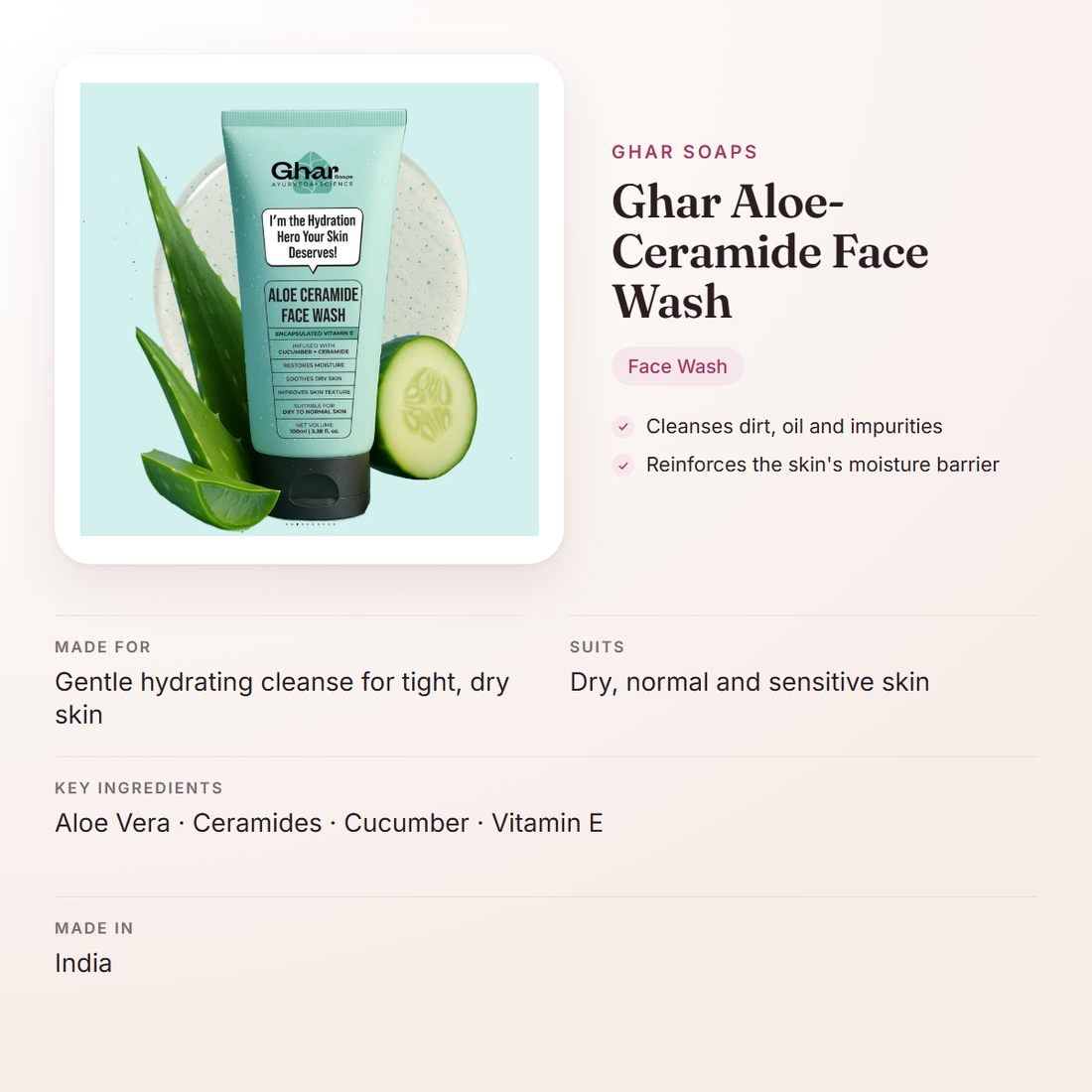 Ghar Soaps Ghar Aloe-Ceramide Face Wash – at a glance: what it is for, who it suits and key ingredients