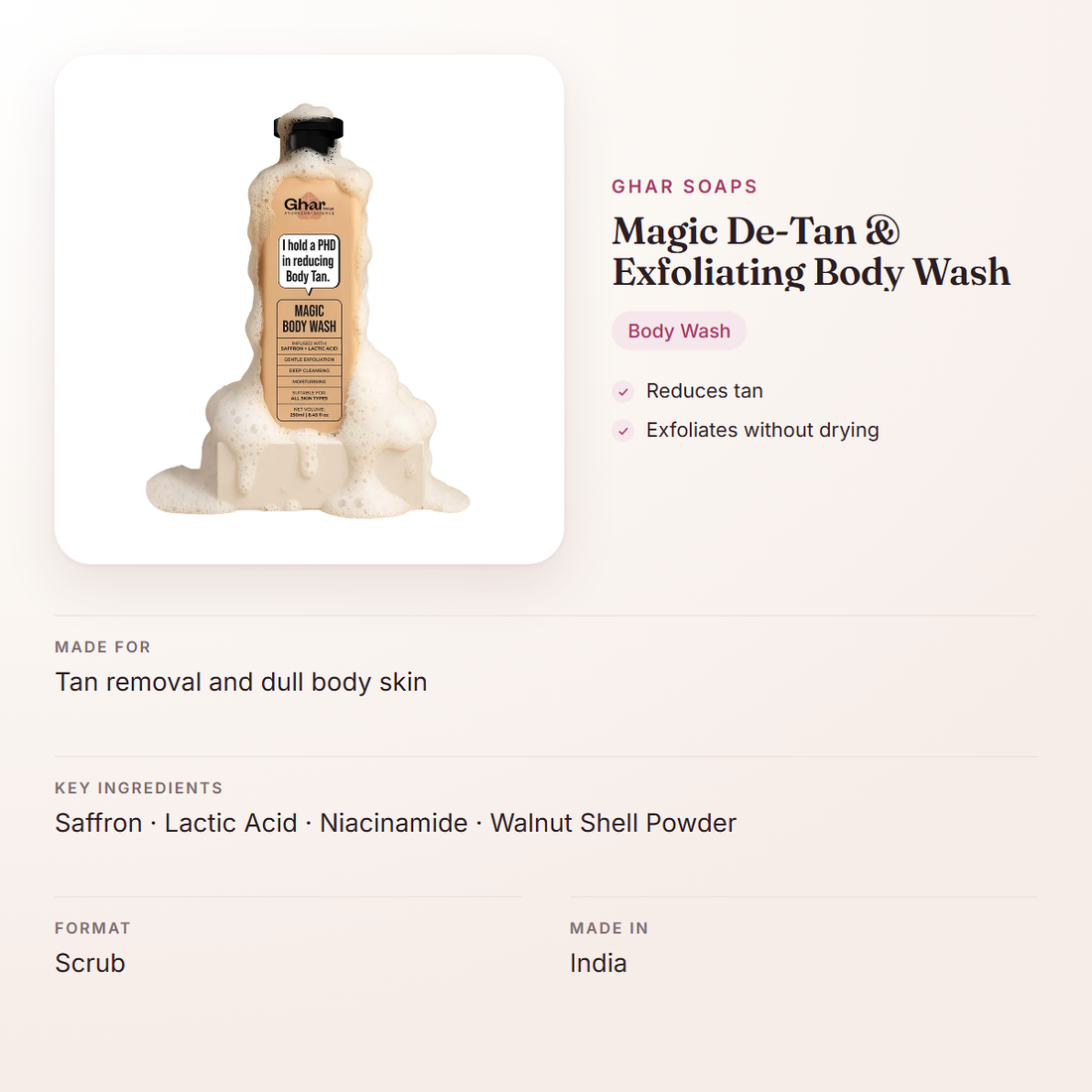 Ghar Soaps Magic De-Tan & Exfoliating Body Wash – at a glance: what it is for, who it suits and key ingredients